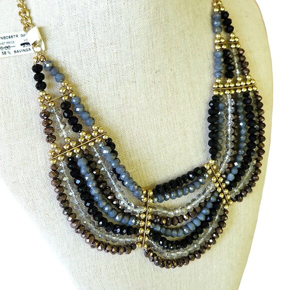 Multi-Strand Gold-Tone Beaded Statement Necklace w/Black Grey & Brown Crystals - Picture 4 of 7